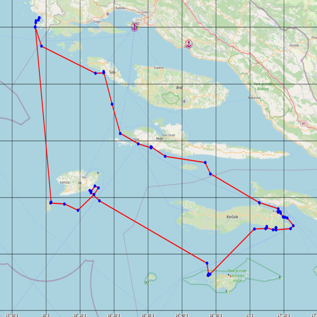 Route des Familien-Segeltörns in Süddalmatien von Rogoznica über Biševo, Vis und Korčula nach Šolta