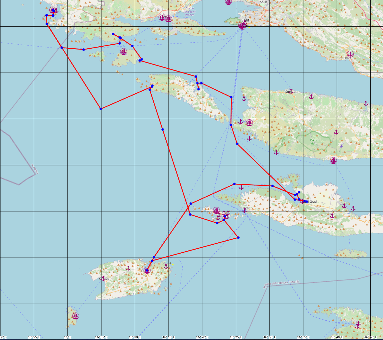 Route beim romantischen Segelurlaub in Kroatien mit einer Lagoon 42 durch Dalmatien