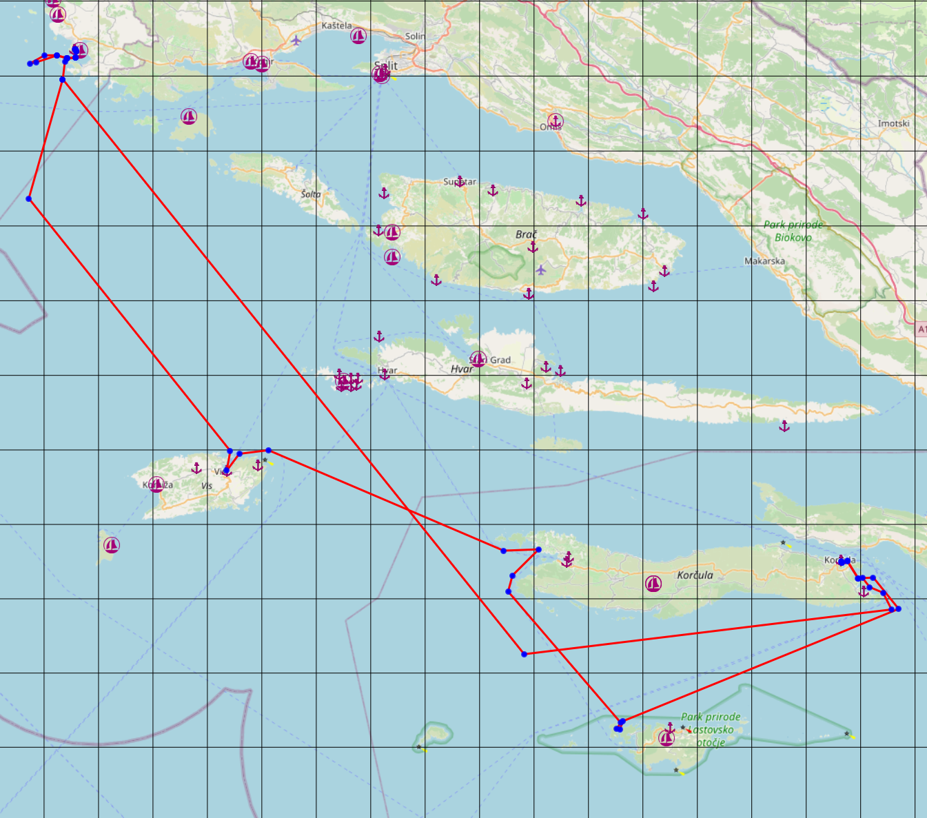 Route des Familien-Segeltörns in Kroatien von Rogoznica über Korčula und Vela Luka nach Vis