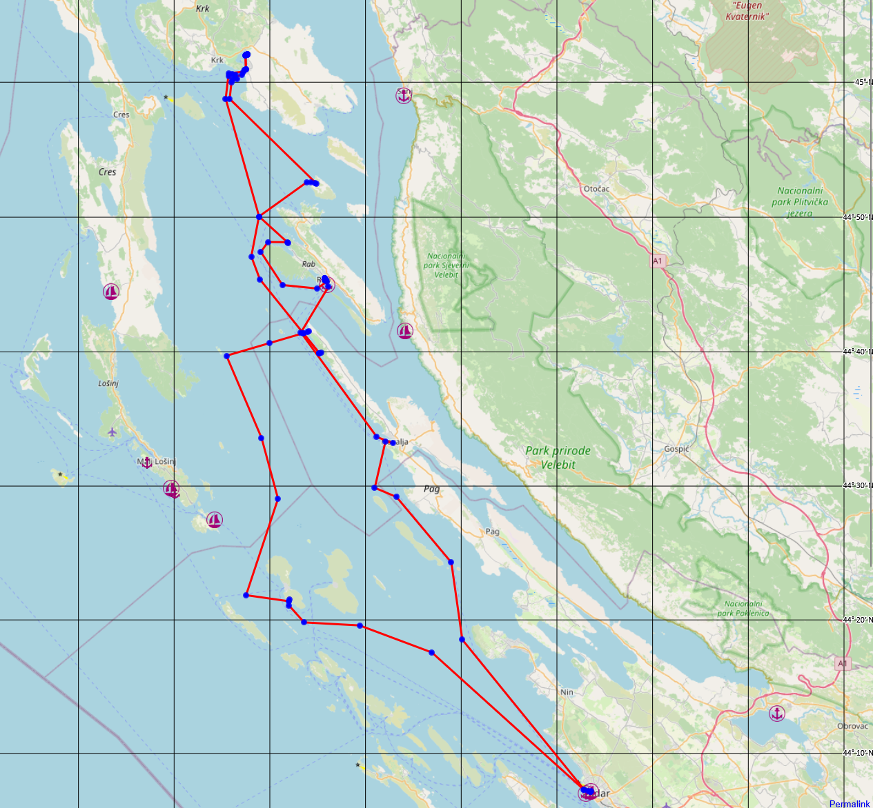 Route des Segeltörns in der Kvarner Bucht von Punat über Silba und Zadar nach Rab