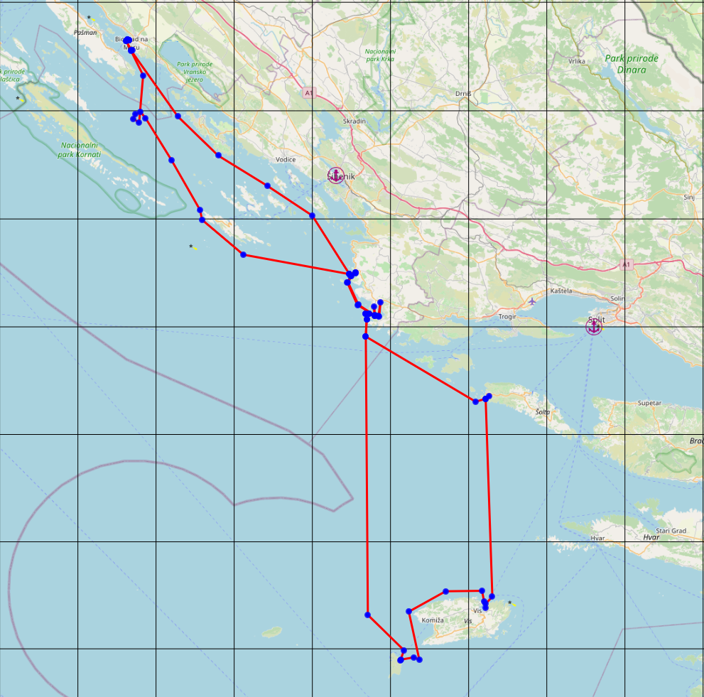 Route beim Segelurlaub mit Familie in Kroatien von Biograd über Biševo, Vis und Šolta nach Primošten