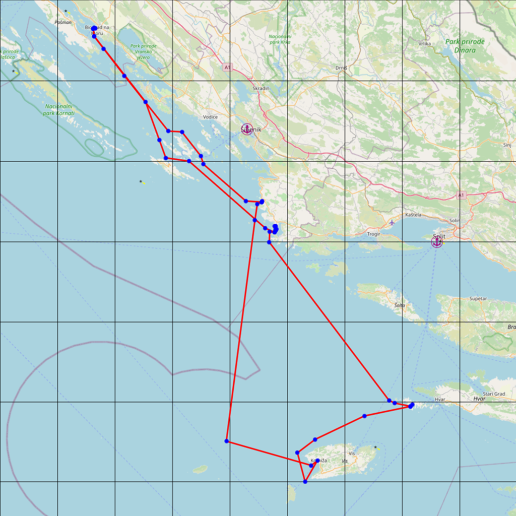 Route beim Segeltörn bei Jugo in Kroatien von Biograd über Primošten, Komiža und die Pakleni-Inseln nach Rogoznica